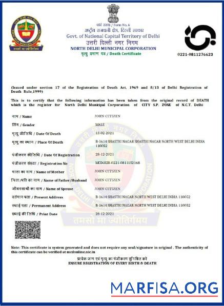 Printable India Government of Delhi death certificate example